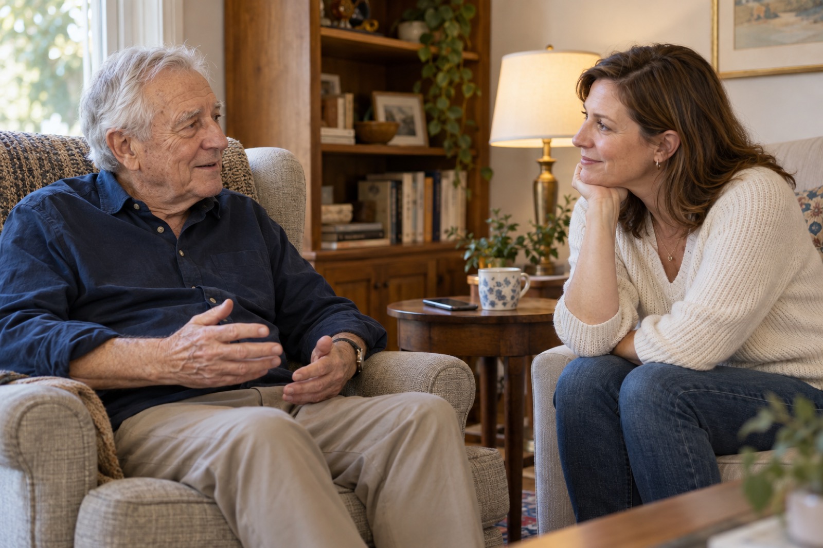 A father and daughter reconnecting with a warm, patient conversation at home