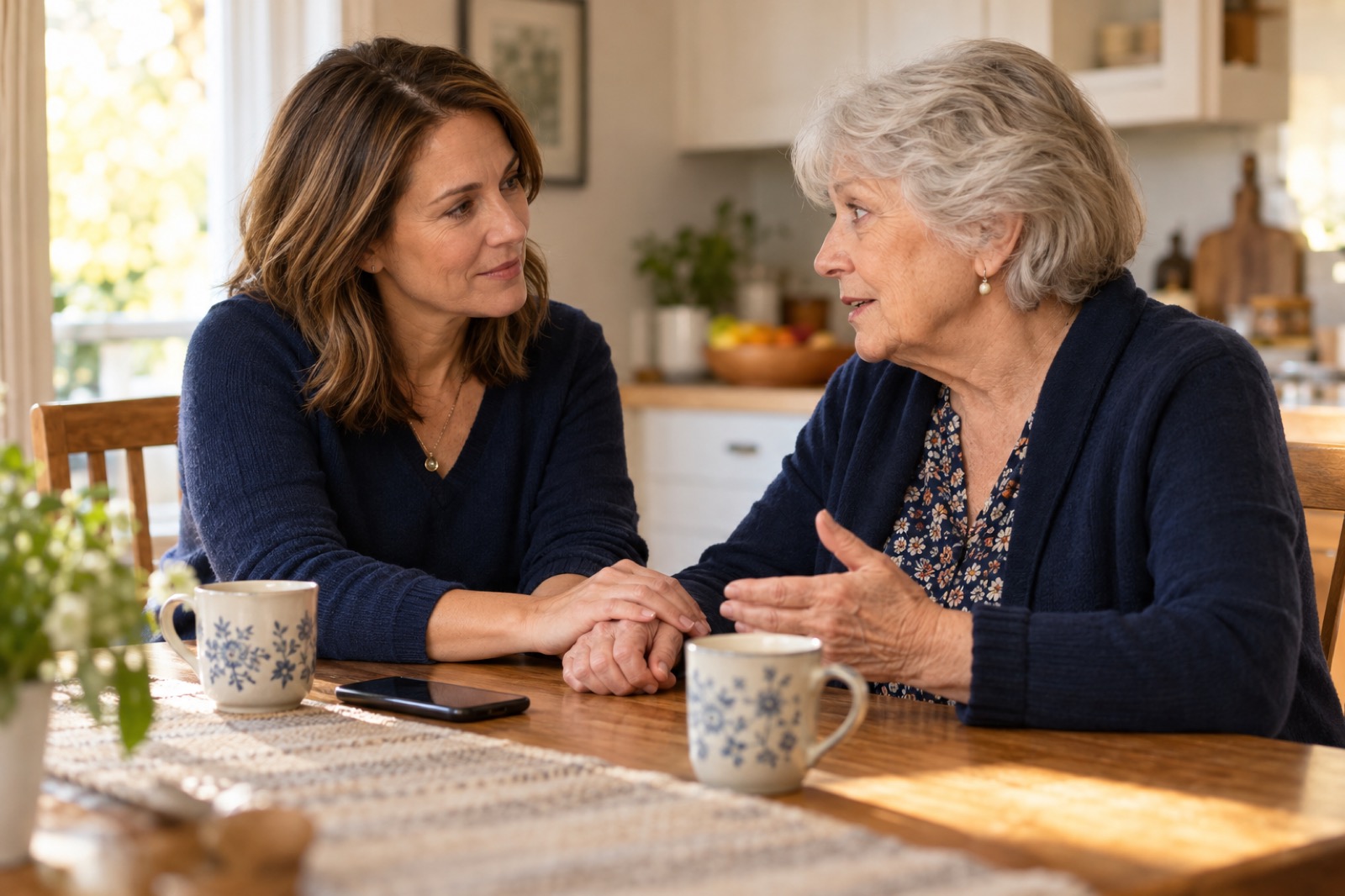 An adult daughter gently holding her older mother's hands across a kitchen table, listening with care