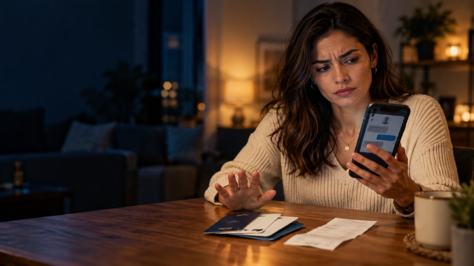 A worried woman at a table looking at her phone, with a stack of gift cards and a receipt in front of her