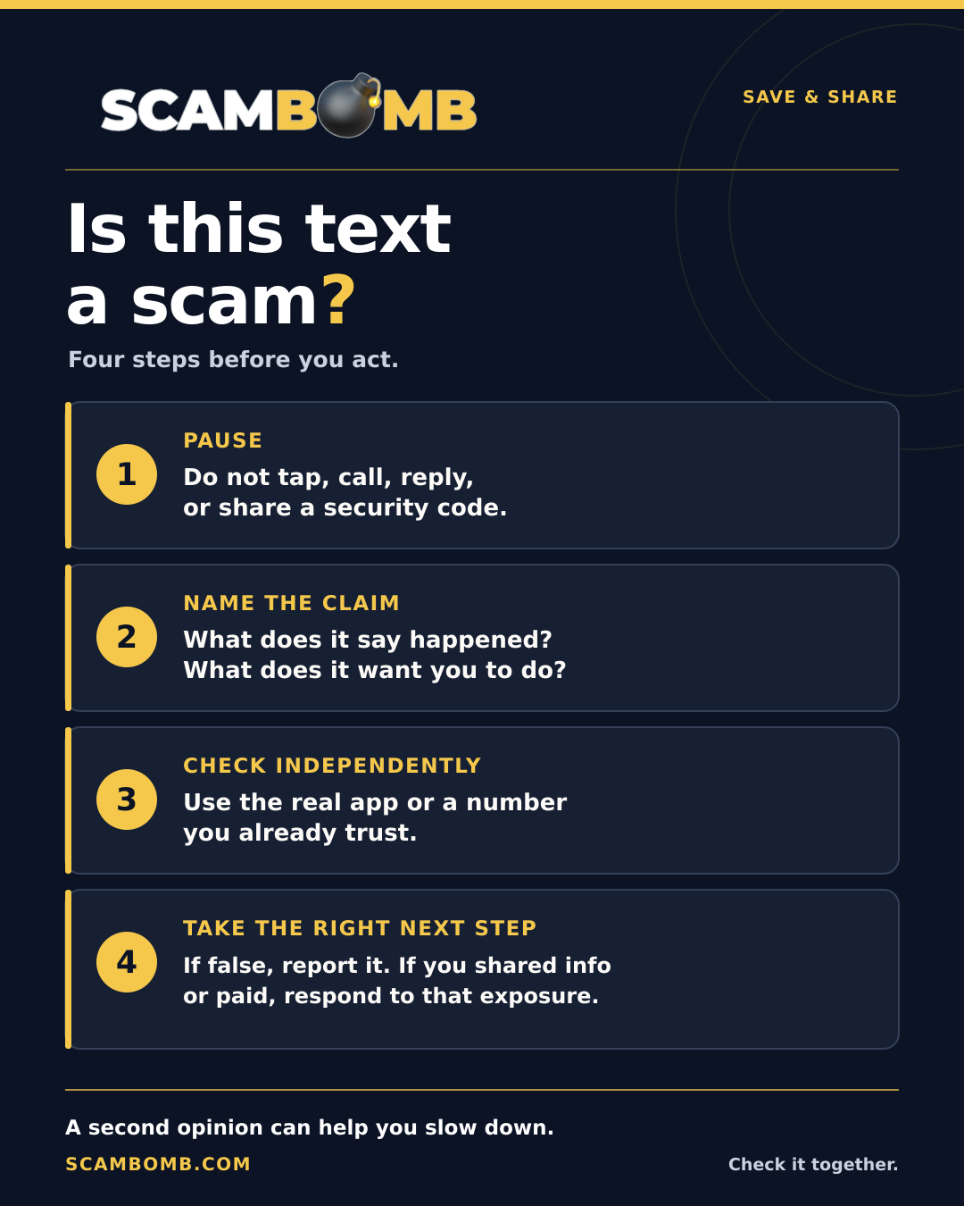 ScamBomb four steps before acting on a suspicious text: pause, name the claim, check independently, and take the right next step